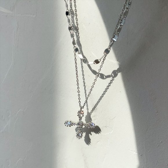 #NEW 925 Sterling Silver Diamond Cross Double Layer Necklace - Picture 9 of 9